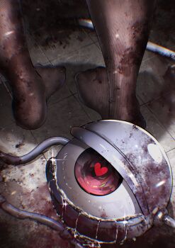 1girl absurdres black_pantyhose blood blood_on_clothes commentary crying crying_with_eyes_open dfra eye_reflection eyeball feet fine_fabric_emphasis heart heart-shaped_pupils highres komeiji_koishi komeiji_satori no_shoes pantyhose red_eyes reflection self-harm solo standing symbol-shaped_pupils tears third_eye tile_floor tiles touhou