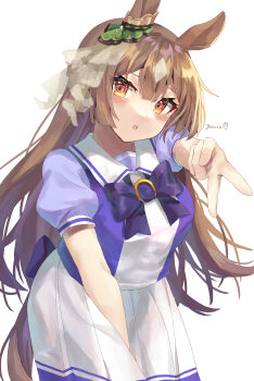 Rule 34 | 1girl, absurdres, animal ears, blush, bow, bowtie, braid, breasts, brown eyes, brown hair, commentary request, double-parted bangs, ear ornament, hair between eyes, half up braid, highres, horse ears, horse girl, horse tail, large breasts, long hair, looking at viewer, multicolored hair, parted lips, pleated skirt, puffy short sleeves, puffy sleeves, purple bow, purple bowtie, purple shirt, sailor collar, sailor shirt, satono diamond (umamusume), school uniform, shirt, short sleeves, simple background, skirt, solo, streaked hair, tail, tracen school uniform, umamusume, v, very long hair, white background, white sailor collar, white skirt, yoru usagi