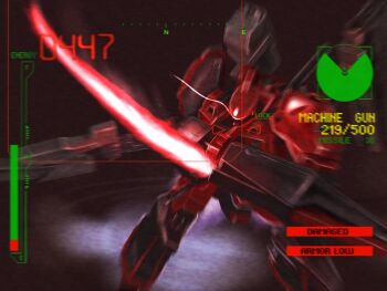 armor armored_core attack commentary_request crosshair energy_blade fake_screenshot fromsoftware gameplay_mechanics glowing glowing_eye glowing_weapon gun health_bar hiwa_industry holding holding_gun holding_weapon incoming_attack looking_at_viewer mecha mecha_focus minimap nineball no_humans red_armor red_light robot solo thrusters user_interface weapon