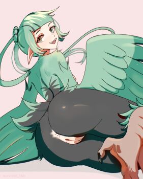 1girl absurdres anus bird_legs bird_tail black_feathers black_hair breasts commentary english_commentary feathered_wings feathers green_eyes green_feathers green_hair hair_bun harpy heterochromia highres looking_at_viewer monster_girl multicolored_hair nipples open_mouth original pointy_ears pussy short_hair_with_long_locks slit_pupils solo streaked_hair tail talons teeth uncensored unreal_fish upper_teeth_only winged_arms wings yellow_eyes