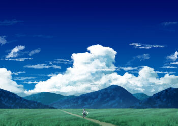 1girl black_skirt blue_sky cloud commentary_request cumulonimbus_cloud day field forest grass hair_ribbon highres landscape mountain mountainous_horizon nature original outdoors ribbon rural scenery shirt skirt sky solo summer twintails vanishing_point walking white_hair white_shirt yuyami_no_sora