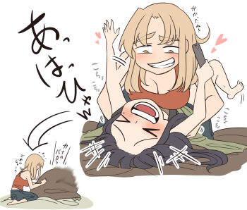 >_< 2girls black_hair blonde_hair blush breasts cleavage commentary_request grin heart highres hoshizora_no_shita large_breasts long_hair mole mole_under_eye multiple_girls open_mouth original red_tank_top smile tank_top tickling translation_request yellow_eyes yuri