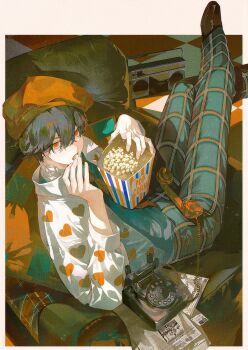 1boy black_hair book border couch food hair_between_eyes hat highres holding holding_food long_sleeves male_focus open_mouth original pants phone plaid_clothes plaid_pants popcorn red_eyes shoes short_hair sitting solo xiaojiaju