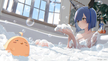 1girl azur_lane bathing bathtub blue_hair blush breasts commentary_request convenient_censoring covered_erect_nipples day gascogne_(azur_lane) hands_up headgear highres indoors knees_up manjuu_(azur_lane) medium_breasts medium_hair oregano_(olgn_eao) sitting soap_bubbles soap_censor solo wet yellow_eyes