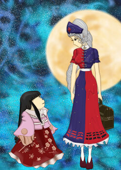 2girls bag black_eyes black_hair blue_dress blue_hat bow braid brown_shoes constellation_print cross dress eye_contact ginga_tetsudou_999 hat height_difference hime_cut holding holding_bag houraisan_kaguya kams long_hair long_sleeves looking_at_another moon multiple_girls nurse_cap parody pink_shirt red_cross red_dress red_skirt shirt shoes short_sleeves skirt socks space star_(sky) style_parody touhou two-tone_dress very_long_hair white_hair white_socks wide_sleeves yagokoro_eirin