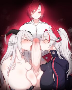 3girls aegir_(azur_lane) azur_lane black_horns breasts censored commission cooperative_fellatio fellatio ffd_threesome futa_with_female futanari group_sex headgear highres horns huge_breasts large_penis licking licking_penis long_hair long_sleeves mosaic_censoring multiple_girls oral penis pixiv_commission prinz_eugen_(azur_lane) prinz_eugen_(final_lap)_(azur_lane) red_eyes red_hair red_streaks rikuguma teamwork_(sexual) threesome upper_body white_hair