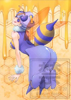 Rule 34 | 1girl, arthropod girl, bare shoulders, bee girl, bee wings, bodysuit, breasts, closed mouth, darkstalkers, from behind, honey, insect girl, insect wings, looking at viewer, looking back, medium breasts, purple bodysuit, purple eyes, purple hair, q-bee, rosie rosie, short hair, solo, tongue, tongue out, watermark, wings