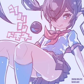 1girl :q ;q backbeako_(torotei) backbeard black_hair black_skirt blush breasts closed_mouth commentary dated dated_commentary eyes_visible_through_hair feet_out_of_frame gegege_no_kitarou hair_over_one_eye kneehighs kono_lolicon_domome long_hair looking_at_viewer miniskirt neckerchief one_eye_closed original paid_reward_available panties pantyshot pleated_skirt pointy_ears red_eyes red_neckerchief ringed_eyes sailor_collar school_uniform shirt short_sleeves simple_background sitting skirt small_breasts smile socks solo sweat tongue tongue_out torotei translated twintails underwear upskirt watermark web_address white_background white_panties white_shirt white_socks