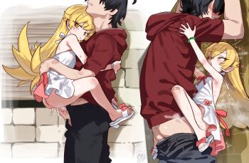 1boy 1girl absurdres against_wall araragi_koyomi armpits black_hair black_pants blonde_hair clothed_sex dress ebora flat_chest hetero highres hood hoodie huge_filesize loli long_hair monogatari_(series) multiple_views open_mouth oshino_shinobu pants penis pointy_ears red_hoodie red_ribbon ribbon sex short_dress sleeveless sleeveless_dress sundress vampire white_dress yellow_eyes