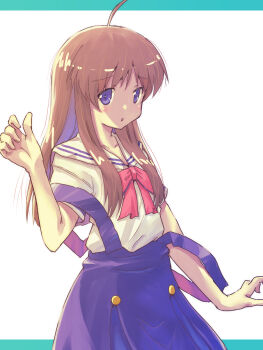 Rule 34 | 1girl, ahoge, akayama yukihe, aqua border, arm at side, backlighting, blue eyes, blue skirt, blush, border, bow, brown hair, clannad, commentary, cowboy shot, eyes visible through hair, hand up, high-waist skirt, highres, hikarizaka private high school uniform, long hair, looking at viewer, miyazawa yukine, open mouth, parted bangs, pink bow, sailor collar, school uniform, shirt, sidelocks, simple background, skirt, solo, standing, straight hair, suspender skirt, suspenders, undressing, white background, white sailor collar, white shirt