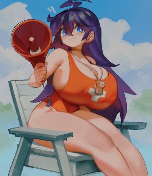 1girl ahoge bare_legs blue_eyes blue_sky breasts chair cleavage cloud commentary commission english_commentary feet_out_of_frame hair_between_eyes highres holding holding_megaphone huge_breasts leotard lifeguard lifeguard_chair looking_at_viewer megaphone orange_leotard original outdoors purple_hair sideboob sky smile solo v-shaped_eyebrows wamudraws whistle whistle_around_neck