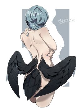 Rule 34 | 1girl, absurdres, angela (project moon), artist name, black wings, blue hair, blue nails, border, character name, commentary, english commentary, from behind, highres, library of ruina, median furrow, nail polish, nude, ny 000a, project moon, short hair, solo, standing, twitter username, white border, wings