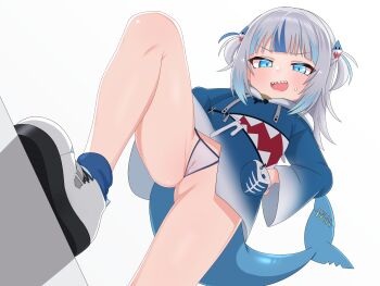1girl absurdres ass blue_eyes blue_hair blue_hoodie blue_socks blunt_bangs blush cameltoe fins fish_tail from_below gawr_gura gawr_gura_(1st_costume) gluteal_fold grey_hair hair_ornament hands_on_own_hips highres hololive hololive_english hood hood_down hoodie knee_up loli long_sleeves looking_at_viewer mingkozus multicolored_hair open_mouth panties shark_girl shark_hair_ornament shark_tail sharp_teeth shoes simple_background smile sneakers socks solo streaked_hair tail teeth two_side_up underwear virtual_youtuber white_panties white_shoes