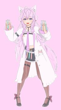 1girl 3d :3 :d animal_ear_fluff animal_ears antenna_hair armband bakishin between_fingers black_footwear black_skirt braid braided_bun chemical_structure coat commentary_request cropped_shirt crown_braid full_body hair_bun hair_ornament hakui_koyori hands_up hexagon_hair_ornament high_heels highres holding holding_test_tube hololive lab_coat long_hair long_sleeves looking_at_viewer midriff necktie open_clothes open_coat open_mouth pigeon-toed pink_background pink_hair pink_necktie pink_tail pleated_skirt purple_eyes shirt simple_background skirt smile solo standing still_life straight-on test_tube thigh_strap virtual_youtuber white_coat white_shirt wide_sleeves wolf_ears wolf_girl