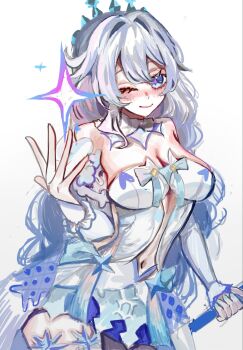 1girl ahoge blue_eyes blue_nails breasts cleavage clothing_cutout commentary cowboy_shot detached_collar detached_sleeves diamond-shaped_pupils diamond_(shape) dress drill_hair gettou0_0 highres honkai_(series) honkai_impact_3rd kiana_kaslana kiana_kaslana_(ba-dum!_fiery_wishing_star) kiana_kaslana_(wintery_wishes) long_hair medium_breasts navel official_alternate_costume one_eye_closed smile star-shaped_pupils star_(symbol) symbol-shaped_pupils tiara very_long_hair white_background white_hair