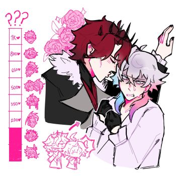 2boys annoyed bishounen black_gloves black_nails blue_eyes blue_hair chart chibi commentary cropped_torso gavis_bettel gavis_bettel_(1st_costume) gloves grey_hair hair_between_eyes heterochromia highres holostars holostars_english incoming_kiss kiss_chart male_focus medium_hair multicolored_hair multiple_boys multiple_drawing_challenge nail_polish pink_eyes pink_hair profile puckered_lips red_hair shirt short_hair softobunny sweatdrop symbol-only_commentary twitter_strip_game_parody virtual_youtuber white_background yaoi