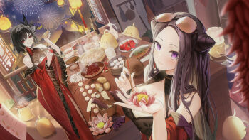 2girls absurdres aerial_fireworks architecture azur_lane black_hair bowl braid breasts brown_hair chien_wu_(azur_lane) chili_pepper chinese_commentary chopsticks cleavage commentary_request cone_hair_bun cup double_bun douya_(yaomiaomiao) dress dumpling east_asian_architecture eyewear_on_head fireworks fish flower flower-shaped_food food garlic glass_bottle grin hai_yung_(azur_lane) hair_bun highres holding holding_bowl holding_food holding_ladle jiaozi knife ladle lantern lantern_festival looking_at_viewer lotus manjuu_(azur_lane) multiple_girls official_art paper_lantern pastry potato purple_eyes red_dress red_eyes red_pepper sky_lantern smile soup_ladle steam steamed_bun tomato