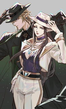 Rule 34 | 1boy, 1girl, adjusting clothes, adjusting headwear, belt, black belt, black gloves, black hair, black jacket, black shirt, blonde hair, braid, breasts, brown hair, choker, cleavage, coat, coat on shoulders, collared shirt, cowboy shot, cropped jacket, earrings, fedora, gloves, grey background, hair between eyes, hat, highres, jacket, jewelry, kurokawa karasu, link, long coat, medium breasts, multiple necklaces, nintendo, pants, parted bangs, pinstripe pattern, pinstripe shirt, pointy ears, princess zelda, purple choker, purple shirt, ring, shirt, short hair, sidelocks, single braid, the legend of zelda, the legend of zelda: twilight princess, white background, white hat, white pants