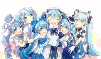 6+girls ahoge aryuma772 beret blue_bow blue_hair blush borrowed_design bow bowtie braid braided_bangs capelet closed_eyes closed_mouth commentary_request dress fortissimo fur-trimmed_dress fur_trim hair_between_eyes hair_ornament hair_rings hat hat_bow hatsune_miku highres hug lace-trimmed_capelet lace_trim light_bulb_hair_ornament long_hair looking_at_viewer mini_hat mini_top_hat multiple_girls musical_note musical_note_hair_ornament open_mouth simple_background smile snowflake_hair_ornament snowflake_print star_(symbol) star_hair_ornament string_of_light_bulbs top_hat twintails very_long_hair vocaloid waist_hug white_capelet white_dress white_hair white_hat white_sleeves yuki_miku yuki_miku_(2021) yuki_miku_(2021)_(candidate_no.1) yuki_miku_(2021)_(candidate_no.2) yuki_miku_(2021)_(candidate_no.3) yuki_miku_(2021)_(candidate_no.4) yuki_miku_(2021)_(candidate_no.5)