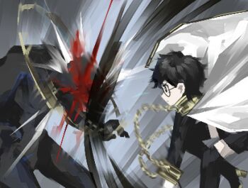 1girl 1other attack black_eyes black_hair bound bound_wrists c81939178391 chain cloak collar collared_shirt commentary glasses gradient_background high_heels hitting library_of_ruina limbus_company lowres messy_hair project_moon shirt sora_(project_moon) symbol-only_commentary thighhighs