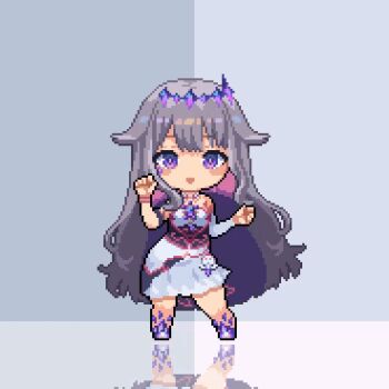 1girl animated animated_gif chest_jewel chibi crown dancing demonlordraizen dress gem grey_hair hair_flaps hololive hololive_english jewel_under_eye koseki_bijou koseki_bijou_(1st_costume) long_hair multicolored_hair open_mouth pixel_art purple_eyes reflection simple_background smile solo very_long_hair virtual_youtuber
