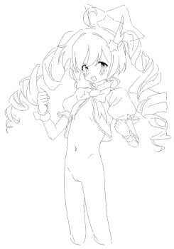 1girl :d blue_archive bottomless breasts drill_hair greyscale halo highres juliet_sleeves lazhuzelazhuze long_hair long_sleeves monochrome open_mouth petite puffy_sleeves pussy reisa_(blue_archive) reisa_(magical)_(blue_archive) simple_background sketch small_breasts smile star_(symbol) twin_drills white_background
