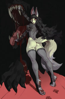 1girl animal_ears black_hair bonifasko bonika_(bonifasko) furry furry_female grey_fur grey_leotard grey_thighhighs highres juliet_sleeves leotard long_hair long_sleeves looking_at_viewer open_mouth original puffy_sleeves red_eyes sharp_teeth standing stirrup_legwear tail teeth thighhighs toeless_legwear wolf wolf_ears wolf_girl wolf_tail