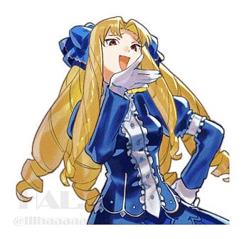 Rule 34 | 1girl, artist name, blonde hair, blue dress, dress, drill hair, fate/hollow ataraxia, fate/kaleid liner prisma illya, fate (series), hal (haaaalhal), luviagelita edelfelt, ojou-sama pose, quad drills, ringlets, signature, solo, twitter username, watermark