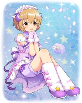 1girl animal back_bow bare_shoulders birthday blonde_hair bloomers blush boots bow brown_eyes child clenched_hands collar commentary_request detached_sleeves dodotsuki dot_nose fake_horns floating frilled_bloomers frilled_collar frilled_headwear frilled_shirt frilled_sleeves frills full_body fur-trimmed_gloves fur-trimmed_shirt fur_boots fur_trim gloves hands_up headdress highres horns idol idol_clothes idolmaster idolmaster_cinderella_girls idolmaster_cinderella_girls_starlight_stage knees knees_up koga_koharu looking_at_viewer off-shoulder_shirt off_shoulder official_alternate_costume open_mouth own_hands_together pink_bow purple_bloomers purple_boots purple_bow purple_collar purple_gloves purple_shirt purple_sleeves sheep sheep_horns shirt short_hair sidelocks sitting smile solo space sparkle star_(sky) star_(symbol) tongue underwear white_headdress