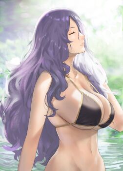 1girl backlighting bikini black_bikini breasts camilla_(fire_emblem) cleavage day closed_eyes female_focus fire_emblem fire_emblem_fates fire_emblem_heroes intelligent_systems j@ck large_breasts long_hair navel nintendo outdoors parted_lips purple_hair sideboob skindentation solo stomach string_bikini swimsuit underboob very_long_hair water