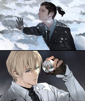 2boys absurdres ball before_crisis:_final_fantasy_vii bindi black_gloves black_hair black_jacket black_necktie black_suit black_sweater blonde_hair blue_eyes brown_eyes closed_mouth collared_shirt earrings final_fantasy final_fantasy_vii fingerless_gloves formal_clothes gloves hair_between_eyes hair_tie highres holding holding_ball jacket jewelry male_focus medium_hair multiple_boys necktie ponytail rufus_shinra shirt short_hair short_ponytail shou_rou snow snow_globe suit suit_jacket sweater tseng turtleneck turtleneck_sweater upper_body white_jacket white_shirt