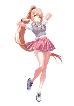 1girl absurdres badge bandaid bandaid_on_leg bare_legs black_scrunchie bracelet breasts closers collared_shirt double_v emoji full_body green_eyes grey_vest hair_ornament hair_scrunchie hands_up highres idol jewelry large_breasts long_hair looking_at_viewer midriff_peek miniskirt neck_ribbon official_art orange_hair pink_ribbon pink_skirt plaid_clothes plaid_ribbon plaid_skirt pleated_skirt ponytail ribbon school_uniform scrunchie shirt shoes short_sleeves sidelocks simple_background skirt smile sneakers solo soma_(closers) standing standing_on_one_leg star_bracelet swept_bangs tachi-e v very_long_hair vest white_background white_shirt white_shoes