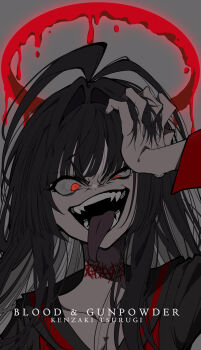 Rule 34 | 1girl, absurdres, ahoge, black hair, blood, blood halo, blue archive, choker, collarbone, commentary request, dot nose, english text, fangs, halo, highres, liquid halo, long hair, open mouth, overlord m, red eyes, red halo, school uniform, solo, tongue, tongue out, tsurugi (blue archive)