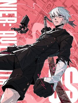 1boy 9s_(nier:automata) black_choker black_gloves black_shorts choker closed_mouth dutch_angle from_below gloves highres nier:automata nier_(series) pod_(nier:automata) scar scar_on_face short_hair shorts solo sword trizziefrizzie weapon white_hair