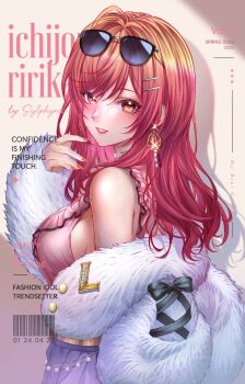 1girl 2026 artist_name barcode blush breasts character_name commentary cover cover_page earrings english_commentary english_text eyewear_on_head fake_cover fake_magazine_cover frilled_shirt frills from_side fur_jacket glint gold_choker gold_earrings gradient_hair grin hair_ornament hairclip hand_up highres hololive hololive_dev_is ichijou_ririka ichijou_ririka_(1st_costume) jacket jewelry large_breasts long_hair long_sleeves looking_at_viewer magazine_cover multicolored_hair nail_polish open_clothes open_jacket orange_eyes orange_hair orange_nails parallel_hairclips pink_hair pink_shirt puffy_long_sleeves puffy_sleeves purple_skirt ring shadow shirt skirt sleeveless sleeveless_shirt smile solo sunglasses sylphynia turning_head two-tone_hair upper_body virtual_youtuber white_jacket