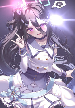 1girl \m/ alternate_costume amerika_neko aqua_halo backlighting bare_shoulders black_choker black_hair blue_archive blue_sailor_collar blush bow bow_choker bright_pupils buttons choker collarbone commentary cowboy_shot detached_sleeves double-breasted double-parted_bangs floating_hair frilled_skirt frills frown hair_between_eyes hair_bow halo hand_up highres idol idol_clothes kei_(blue_archive) long_hair long_hair_between_eyes long_sleeves looking_at_viewer mischievous_straight_uniform_(blue_archive) open_mouth pink_bow rectangular_halo red_eyes ringed_eyes sailor_collar shirt side_ponytail sidelocks skirt solo speech_bubble spoken_squiggle squiggle stage sweatdrop very_long_hair white_shirt white_skirt