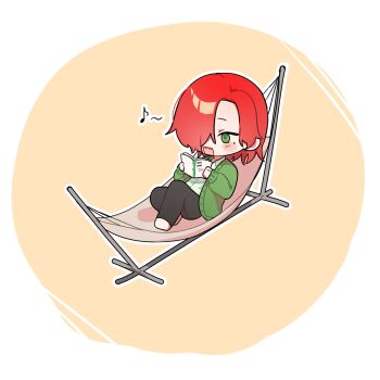 1boy :d barefoot black_pants blush cardigan chibi chibi_only collared_shirt commentary_request green_cardigan green_eyes hammock happy highres hyoutenka_30-do_no_zetsubou kinu100kinu male_focus medium_hair mitsudomoe_koubou_(series) mole mole_under_eye no_feet one_eye_covered open_mouth pants reading reclining red_hair sharp_teeth shirt simple_background smile solo teeth tonimura_yui white_shirt