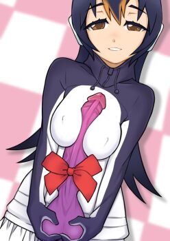 1girl between_breasts black_hair black_sweater blonde_hair bow breasts brown_eyes covered_erect_nipples dildo drawstring gentoo_penguin_(kemono_friends) headphones holding holding_sex_toy huge_dildo illu_(illu_stratos) kemono_friends long_hair long_sleeves looking_at_viewer medium_breasts multicolored_hair parted_lips red_bow sex_toy simulated_paizuri smile solo streaked_hair sweater two-tone_sweater upper_body white_hair white_sweater