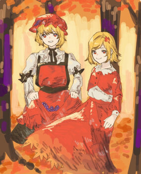 2girls aki_minoriko aki_shizuha black_bow black_ribbon blonde_hair bow closed_mouth collared_shirt dress food frilled_hat frills fruit gold_skirt grape_hat_ornament grapes hair_ornament hat leaf_hair_ornament long_sleeves mob_cap multiple_girls neck_ribbon oftooon parted_lips puffy_sleeves red_dress red_eyes red_hat red_shirt ribbon shirt short_hair sleeveless sleeveless_dress smile swept_bangs touhou white_shirt