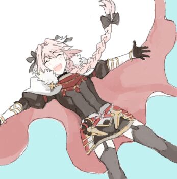 1boy androgynous armored_skirt astolfo_(fate) astolfo_(rider)_(fate) black_bow black_garter_straps black_sweater black_thighhighs blush boots bow braid cape closed_eyes commentary_request cowboy_shot fate/apocrypha fate_(series) fur-trimmed_cape fur_trim garter_straps gauntlets gorget hair_bow hair_intakes juliet_sleeves long_hair long_sleeves madara-ame male_focus multicolored_hair multiple_hair_bows open_mouth pink_hair puffy_sleeves riding_boots single_braid sketch smile solo spurs streaked_hair sweater thighhighs two-sided_cape two-sided_fabric white_boots white_cape white_hair zettai_ryouiki