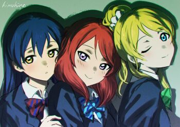 Rule 34 | 3girls, artist name, ayase eli, behind another, blazer, blonde hair, blue bow, blue bowtie, blue eyes, blue hair, blue jacket, bow, bowtie, closed mouth, commentary, diagonal-striped bow, diagonal-striped bowtie, diagonal-striped clothes, english commentary, front-to-back, green bow, green bowtie, himuhino, jacket, long hair, looking at viewer, love live!, love live! school idol project, medium hair, multiple girls, nishikino maki, one eye closed, otonokizaka school uniform, parted lips, ponytail, purple eyes, red bow, red bowtie, red hair, school uniform, smile, sonoda umi, striped bow, striped bowtie, striped clothes, upper body, winter uniform, yellow eyes