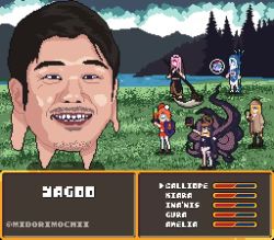 1boy 5girls animated ao-chan_(ninomae_ina&#039;nis) battle blonde_hair bloop_(gawr_gura) book english_text everyone facial_hair fake_screenshot final_fantasy final_fantasy_vi gawr_gura gawr_gura_(1st_costume) head heads-up_display hololive hololive_english holomyth looking_at_viewer magnifying_glass midorimochii monster mori_calliope mori_calliope_(1st_costume) multiple_girls ninomae_ina&#039;nis ninomae_ina&#039;nis_(1st_costume) orange_hair pink_hair pixel_art polearm purple_hair scythe shield sky sword takanashi_kiara takanashi_kiara_(1st_costume) tentacles tree trident user_interface video virtual_youtuber watson_amelia watson_amelia_(1st_costume) weapon yagoo