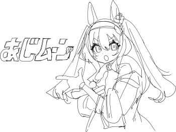 1girl :o angelina_(arknights) animal_ears arknights character_name coat commentary crossed_arms dot_nose fox_ears fox_girl gloves greyscale hair_between_eyes hairband hand_up highres infection_monitor_(arknights) long_hair long_sleeves looking_at_viewer monochrome shaka_sign shima_(wideshi_ma) simple_background sketch solo symbol-only_commentary twintails upper_body white_background