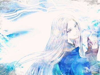 1girl closed_mouth commentary copyright_name elezen elf final_fantasy final_fantasy_xiv floating_hair hands_up long_hair pointy_ears ruka_(blueplus84) smile solo upper_body very_long_hair white_eyes white_hair ysayle_dangoulain