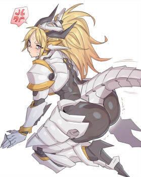 1girl abarano all_fours anger_vein armor armored_boots ass bandaid bandaid_on_cheek bandaid_on_face bandaid_on_nose black_bodysuit blonde_hair blush bodysuit boots commentary doom-z_seven_-_elara dragon_girl dragon_horns dragon_tail duel_monster full_body gauntlets hair_between_eyes headgear high_heel_boots high_heels horns long_hair looking_at_viewer parted_bangs parted_lips ponytail purple_eyes shoulder_armor sidelocks simple_background solo spoken_anger_vein sweat tail trembling very_long_hair white_armor white_background yu-gi-oh!