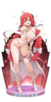 1girl :d absurdres bracelet braid braided_twintails breasts commentary_request criss-cross_halter dysoor green_eyes hair_ornament halterneck hand_on_own_thigh highres jewelry large_breasts leaning_forward long_hair looking_at_viewer navel o-ring o-ring_swimsuit open_mouth red_hair revealing_clothes second-party_source slingshot_swimsuit smile sphere_hair_ornament swimsuit twintails ukinami_yuzuha very_long_hair white_background white_slingshot_swimsuit zenless_zone_zero