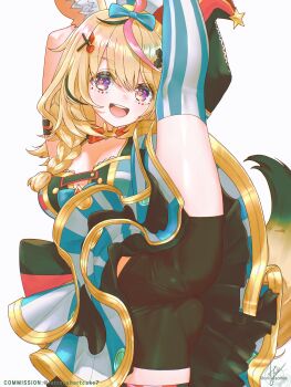 1girl :d absurdres ahoge animal_ear_fluff animal_ears anversailles arm_strap armpits asymmetrical_legwear bike_shorts bike_shorts_under_skirt black_hair black_shorts blonde_hair blue_bow blue_skirt blue_thighhighs bow bowtie braid breasts cleavage commentary commission double-parted_bangs english_commentary facial_mark fox_ears fox_girl fox_tail hair_between_eyes hair_bow hair_ornament hair_over_shoulder hairclip hat heart heart-shaped_pupils highres holding_own_leg hololive jester_cap layered_skirt leg_lift long_hair looking_at_viewer mark_under_eye miniskirt mismatched_legwear multicolored_hair omaru_polka omaru_polka_(1st_costume) open_mouth pink_hair pink_thighhighs purple_eyes red_bow red_bowtie shirt shorts side_braid simple_background single_braid skirt sleeveless sleeveless_shirt smile solo split standing standing_on_one_leg standing_split streaked_hair striped_clothes striped_skirt striped_thighhighs symbol-shaped_pupils tail teeth thighhighs tilted_headwear traditional_bowtie upper_teeth_only variant_set vertical-striped_clothes vertical-striped_skirt vertical-striped_thighhighs virtual_youtuber white_background x_hair_ornament