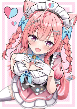 1girl absurdres animal_ears bow braid breasts cat_ears cat_girl cat_tail cleavage commentary_request dress gloves hair_ornament half_gloves hands_on_own_chest highres hosinonana indie_virtual_youtuber large_breasts long_hair looking_at_viewer maid maid_headdress open_mouth pink_bow purple_eyes short_sleeves smile solo tail thighhighs virtual_youtuber white_gloves white_thighhighs yuuki_sakuna