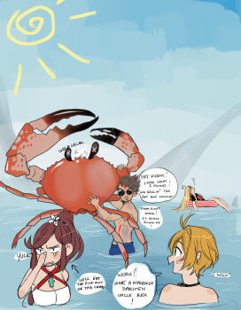 1girl 3boys absurdres bleeding blonde_hair blood brown_hair collar dadeltan english_text facial_hair giant_enemy_crab glimmer_(xenoblade) goatee green_eyes hair_intakes highres holding_nose leg_hair male_swimwear multiple_boys nikol_(xenoblade) partially_submerged ponytail rex_(xenoblade) shulk_(xenoblade) speech_bubble sunglasses swim_trunks xenoblade_chronicles_(series) xenoblade_chronicles_3 xenoblade_chronicles_3:_future_redeemed zohar