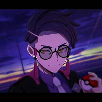 1boy absurdres closed_mouth collared_shirt corbeau_(pokemon) highres holding holding_poke_ball kiriya_black lamppost letterboxed looking_at_viewer male_focus necktie nintendo orange_eyes outdoors poke_ball poke_ball_(basic) pokemon pokemon_legends:_z-a purple_shirt round_eyewear shirt short_hair slit_pupils smile split_mouth twilight undercut white_necktie